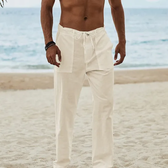 Best OUKU Men's Linen Pants Trousers Summer Pants Beach Pants Drawstring Elastic Waist Plain Breathable Soft Casual Daily Holiday Fashion Streetwear Black Khaki Micro-elastic