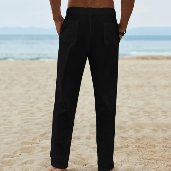 Best OUKU Men's Linen Pants Trousers Summer Pants Beach Pants Drawstring Elastic Waist Plain Breathable Soft Casual Daily Holiday Fashion Streetwear Black Khaki Micro-elastic