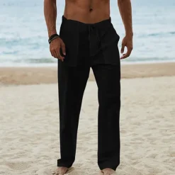 Best OUKU Men's Linen Pants Trousers Summer Pants Beach Pants Drawstring Elastic Waist Plain Breathable Soft Casual Daily Holiday Fashion Streetwear Black Khaki Micro-elastic