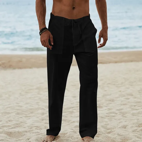 Best OUKU Men's Linen Pants Trousers Summer Pants Beach Pants Drawstring Elastic Waist Plain Breathable Soft Casual Daily Holiday Fashion Streetwear Black Khaki Micro-elastic