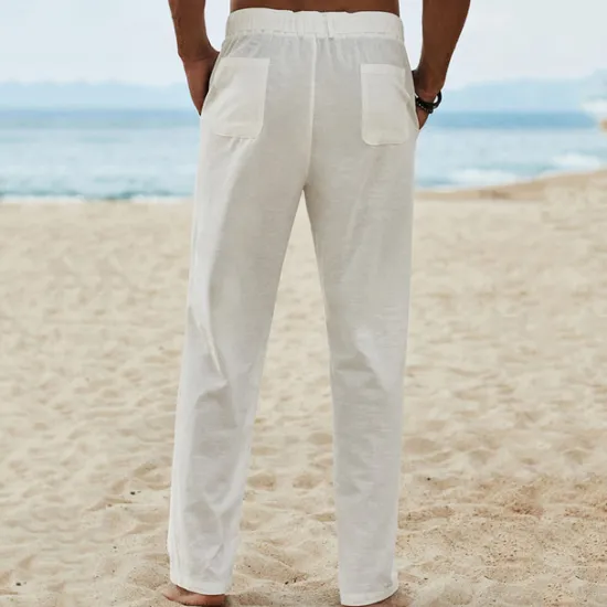 Best OUKU Men's Linen Pants Trousers Summer Pants Beach Pants Drawstring Elastic Waist Plain Breathable Soft Casual Daily Holiday Fashion Streetwear Black Khaki Micro-elastic