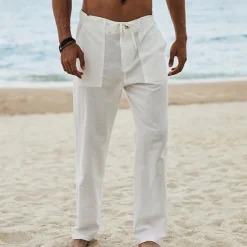 Best OUKU Men's Linen Pants Trousers Summer Pants Beach Pants Drawstring Elastic Waist Plain Breathable Soft Casual Daily Holiday Fashion Streetwear Black Khaki Micro-elastic