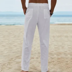 Best OUKU Men's Linen Pants Trousers Summer Pants Beach Pants Drawstring Elastic Waist Plain Breathable Soft Casual Daily Holiday Fashion Streetwear Black Khaki Micro-elastic