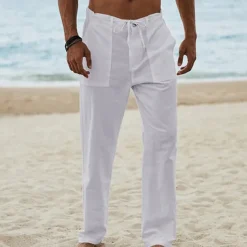Best OUKU Men's Linen Pants Trousers Summer Pants Beach Pants Drawstring Elastic Waist Plain Breathable Soft Casual Daily Holiday Fashion Streetwear Black Khaki Micro-elastic
