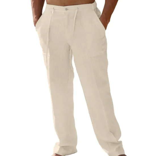 Best OUKU Men's Linen Pants Trousers Summer Pants Beach Pants Drawstring Elastic Waist Plain Breathable Soft Casual Daily Holiday Fashion Streetwear Black Khaki Micro-elastic