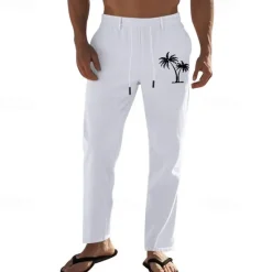 Discount OUKU Men's Linen Pants Trousers Summer Pants Beach Pants Pocket Drawstring Elastic Waist Coconut Tree Comfort Breathable Vacation Daily Holiday Hawaiian Boho Black White