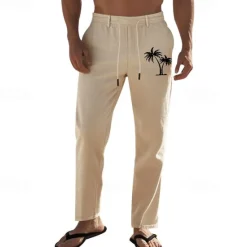 Discount OUKU Men's Linen Pants Trousers Summer Pants Beach Pants Pocket Drawstring Elastic Waist Coconut Tree Comfort Breathable Vacation Daily Holiday Hawaiian Boho Black White