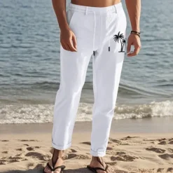 Discount OUKU Men's Linen Pants Trousers Summer Pants Beach Pants Pocket Drawstring Elastic Waist Coconut Tree Comfort Breathable Vacation Daily Holiday Hawaiian Boho Black White