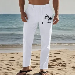 Discount OUKU Men's Linen Pants Trousers Summer Pants Beach Pants Pocket Drawstring Elastic Waist Coconut Tree Comfort Breathable Vacation Daily Holiday Hawaiian Boho Black White