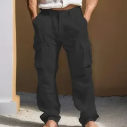 Clearance OUKU Men's Linen Pants Trousers Summer Pants Multi Pocket Straight Leg Plain Comfort Breathable Full Length Outdoor Daily Going out Fashion Streetwear Black White