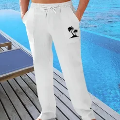 Outlet OUKU Men's Linen Pants Trousers Summer Pants Beach Pants Pocket Drawstring Elastic Waist Graphic Comfort Breathable Vacation Daily Holiday Hawaiian Boho turmeric Black