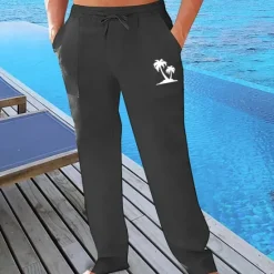 Outlet OUKU Men's Linen Pants Trousers Summer Pants Beach Pants Pocket Drawstring Elastic Waist Graphic Comfort Breathable Vacation Daily Holiday Hawaiian Boho turmeric Black