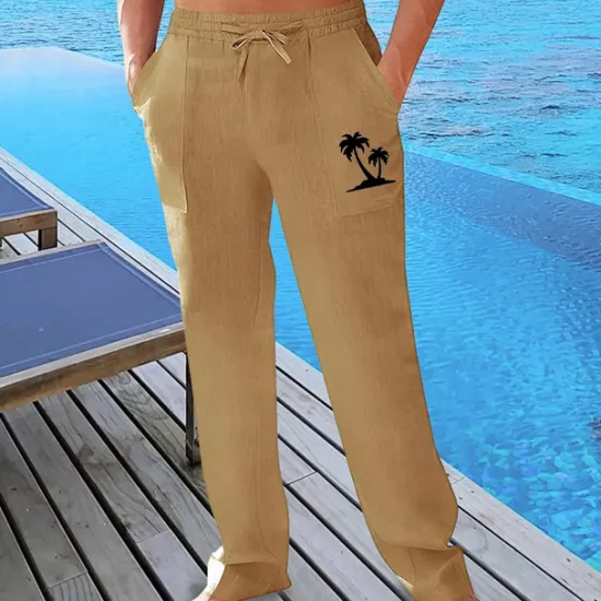 Outlet OUKU Men's Linen Pants Trousers Summer Pants Beach Pants Pocket Drawstring Elastic Waist Graphic Comfort Breathable Vacation Daily Holiday Hawaiian Boho turmeric Black