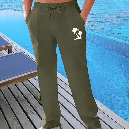 Outlet OUKU Men's Linen Pants Trousers Summer Pants Beach Pants Pocket Drawstring Elastic Waist Graphic Comfort Breathable Vacation Daily Holiday Hawaiian Boho turmeric Black