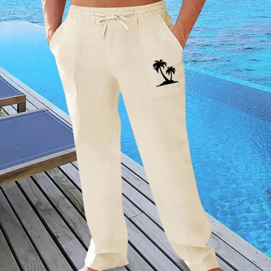 Outlet OUKU Men's Linen Pants Trousers Summer Pants Beach Pants Pocket Drawstring Elastic Waist Graphic Comfort Breathable Vacation Daily Holiday Hawaiian Boho turmeric Black