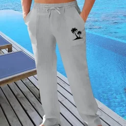 Outlet OUKU Men's Linen Pants Trousers Summer Pants Beach Pants Pocket Drawstring Elastic Waist Graphic Comfort Breathable Vacation Daily Holiday Hawaiian Boho turmeric Black