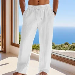 OUKU Men's Linen Pants Trousers Summer Pants Beach Pants Pocket Drawstring Elastic Waist Plain Comfort Breathable Vacation Daily Holiday Hawaiian Boho Black White