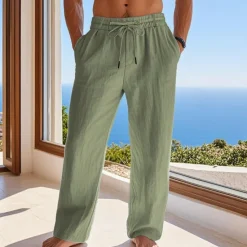 OUKU Men's Linen Pants Trousers Summer Pants Beach Pants Pocket Drawstring Elastic Waist Plain Comfort Breathable Vacation Daily Holiday Hawaiian Boho Black White