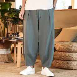 Discount OUKU Men's Linen Pants Trousers Summer Pants Beach Pants Pleated Pants Drawstring Elastic Waist Plain Comfort Outdoor Daily Holiday Fashion Casual Gray Green Black Inelastic