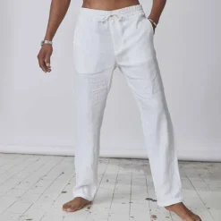 Hot OUKU Men's Linen Pants Trousers Summer Pants Pocket Plain Comfort Breathable Daily Casual Black White