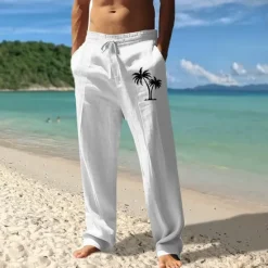Best OUKU Men's Linen Pants Trousers Summer Pants Beach Pants Pocket Drawstring Elastic Waist Coconut Tree Comfort Breathable Vacation Daily Holiday Hawaiian Boho Black White