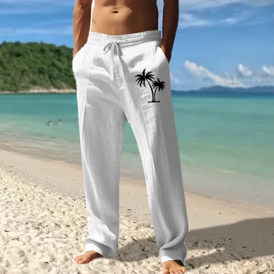 Best OUKU Men's Linen Pants Trousers Summer Pants Beach Pants Pocket Drawstring Elastic Waist Coconut Tree Comfort Breathable Vacation Daily Holiday Hawaiian Boho Black White