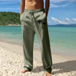 Best OUKU Men's Linen Pants Trousers Summer Pants Beach Pants Pocket Drawstring Elastic Waist Coconut Tree Comfort Breathable Vacation Daily Holiday Hawaiian Boho Black White