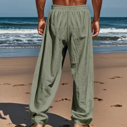 Best OUKU Men's Linen Pants Trousers Summer Pants Beach Pants Pocket Drawstring Elastic Waist Coconut Tree Comfort Breathable Vacation Daily Holiday Hawaiian Boho Black White