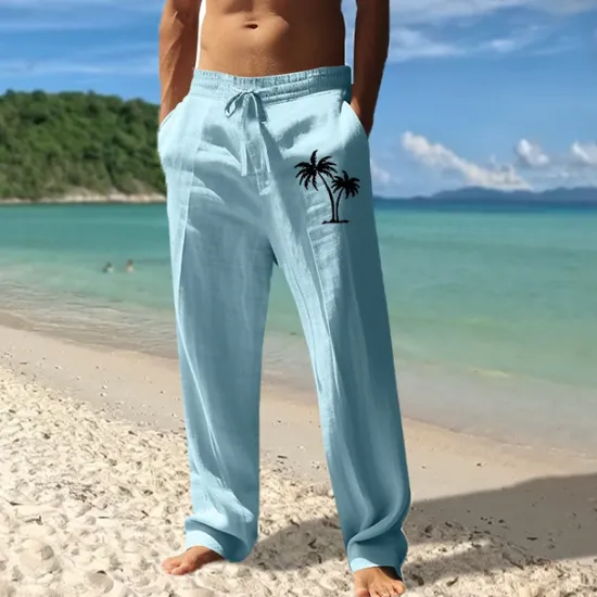 Best OUKU Men's Linen Pants Trousers Summer Pants Beach Pants Pocket Drawstring Elastic Waist Coconut Tree Comfort Breathable Vacation Daily Holiday Hawaiian Boho Black White