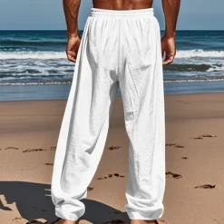 Best OUKU Men's Linen Pants Trousers Summer Pants Beach Pants Pocket Drawstring Elastic Waist Coconut Tree Comfort Breathable Vacation Daily Holiday Hawaiian Boho Black White