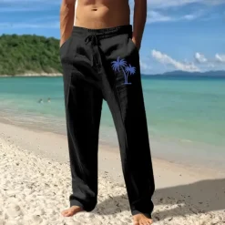 Best OUKU Men's Linen Pants Trousers Summer Pants Beach Pants Pocket Drawstring Elastic Waist Coconut Tree Comfort Breathable Vacation Daily Holiday Hawaiian Boho Black White