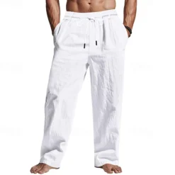 Sale OUKU Men's Linen Pants Trousers Summer Pants Beach Pants Pocket Drawstring Elastic Waist Plain Comfort Breathable Vacation Daily Holiday Hawaiian Boho Black White