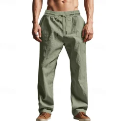 Sale OUKU Men's Linen Pants Trousers Summer Pants Beach Pants Pocket Drawstring Elastic Waist Plain Comfort Breathable Vacation Daily Holiday Hawaiian Boho Black White