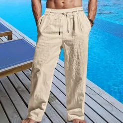 Sale OUKU Men's Linen Pants Trousers Summer Pants Beach Pants Pocket Drawstring Elastic Waist Plain Comfort Breathable Vacation Daily Holiday Hawaiian Boho Black White
