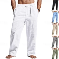 Sale OUKU Men's Linen Pants Trousers Summer Pants Beach Pants Pocket Drawstring Elastic Waist Plain Comfort Breathable Vacation Daily Holiday Hawaiian Boho Black White