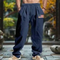 Best OUKU Men's Linen Pants Trousers Summer Pants Baggy Pants Beach Pants Drawstring Elastic Waist Straight Leg Plain Comfort Breathable Full Length Outdoor Casual Daily Fashion Retro Vintage Black Navy Blue