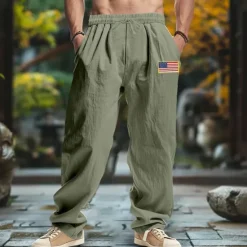 Best OUKU Men's Linen Pants Trousers Summer Pants Baggy Pants Beach Pants Drawstring Elastic Waist Straight Leg Plain Comfort Breathable Full Length Outdoor Casual Daily Fashion Retro Vintage Black Navy Blue