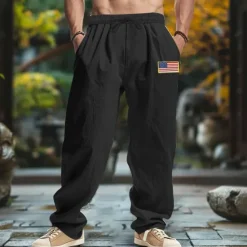 Best OUKU Men's Linen Pants Trousers Summer Pants Baggy Pants Beach Pants Drawstring Elastic Waist Straight Leg Plain Comfort Breathable Full Length Outdoor Casual Daily Fashion Retro Vintage Black Navy Blue
