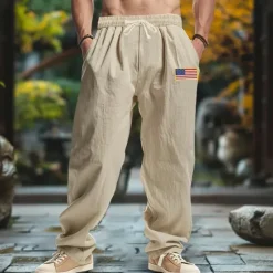 Best OUKU Men's Linen Pants Trousers Summer Pants Baggy Pants Beach Pants Drawstring Elastic Waist Straight Leg Plain Comfort Breathable Full Length Outdoor Casual Daily Fashion Retro Vintage Black Navy Blue