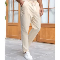 Clearance OUKU Men's Linen Pants Trousers Summer Pants Beach Pants Pocket Drawstring Elastic Waist Plain Comfort Breathable Vacation Daily Holiday Hawaiian Boho Beige
