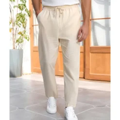 Clearance OUKU Men's Linen Pants Trousers Summer Pants Beach Pants Pocket Drawstring Elastic Waist Plain Comfort Breathable Vacation Daily Holiday Hawaiian Boho Beige