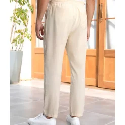 Clearance OUKU Men's Linen Pants Trousers Summer Pants Beach Pants Pocket Drawstring Elastic Waist Plain Comfort Breathable Vacation Daily Holiday Hawaiian Boho Beige
