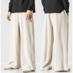 Best OUKU Men's Linen Pants Trousers Summer Pants Beach Pants Wide Leg Flowy Plain Comfort Breathable Full Length Yoga Casual Holiday Fashion Streetwear Loose Fit Black Navy Blue