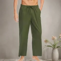 Discount OUKU Men's Linen Pants Trousers Summer Pants Beach Pants Pocket Drawstring Elastic Waist Plain Comfort Breathable Daily Holiday Vacation Hawaiian Boho Black White