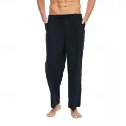 Discount OUKU Men's Linen Pants Trousers Summer Pants Beach Pants Pocket Drawstring Elastic Waist Plain Comfort Breathable Daily Holiday Vacation Hawaiian Boho Black White