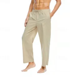 Discount OUKU Men's Linen Pants Trousers Summer Pants Beach Pants Pocket Drawstring Elastic Waist Plain Comfort Breathable Daily Holiday Vacation Hawaiian Boho Black White