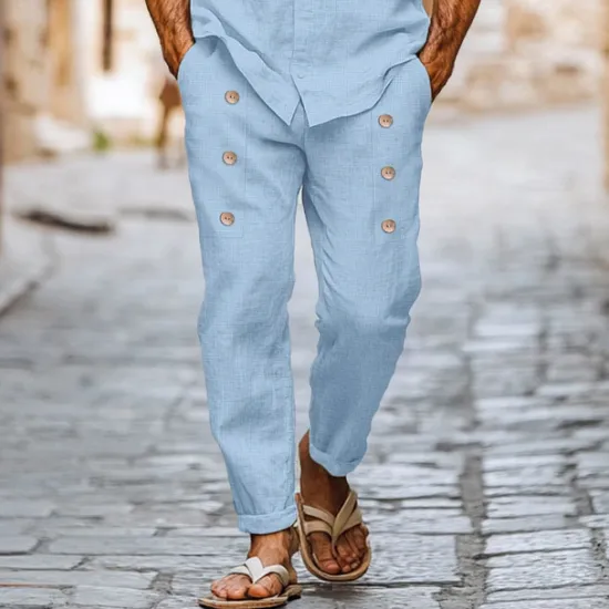 Sale OUKU Men's Linen Pants Trousers Summer Pants Buttons Front Pocket Pleats Plain Comfort Breathable Full Length Casual Daily Streetwear Ethnic Style Retro Vintage Black White