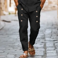 Sale OUKU Men's Linen Pants Trousers Summer Pants Buttons Front Pocket Pleats Plain Comfort Breathable Full Length Casual Daily Streetwear Ethnic Style Retro Vintage Black White