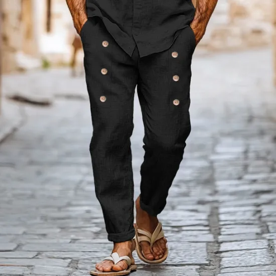 Sale OUKU Men's Linen Pants Trousers Summer Pants Buttons Front Pocket Pleats Plain Comfort Breathable Full Length Casual Daily Streetwear Ethnic Style Retro Vintage Black White