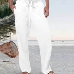 Discount OUKU Men's Linen Pants Trousers Summer Pants Beach Pants Pocket Drawstring Elastic Waist Plain Comfort Breathable Vacation Daily Holiday Hawaiian Boho Black White